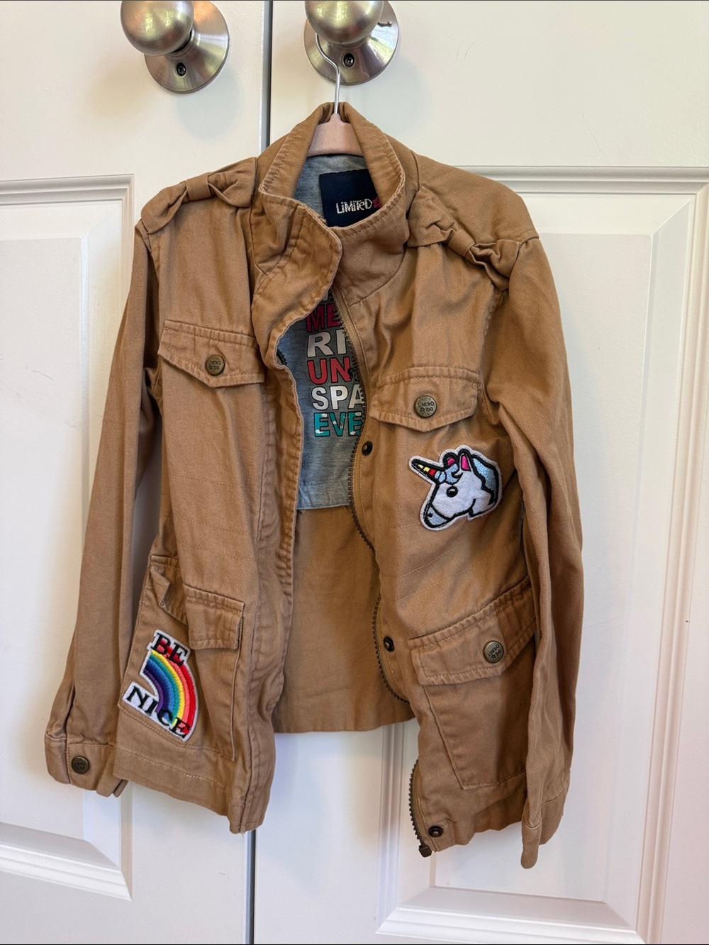 Limited Too Tan Utility Jean-Style Jacket with Unicorn & Rainbow Patches